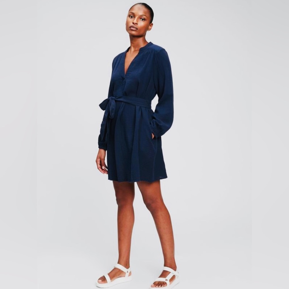 NWT GAP V-NECK CRINKLE GAUZE DRESS Navy Blue Sz L
